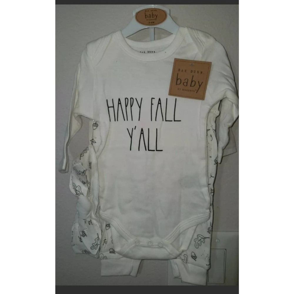 Baby 3-6 nwt Rae Dunn 3 piece set Happy fall y'all baby shower bow pants onesie